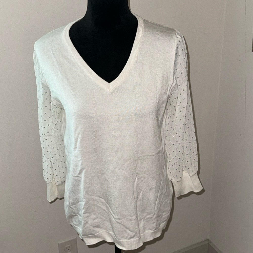 Adriana Papell ivory V neck silver dot plaid semi sheer long sleeves sweater M